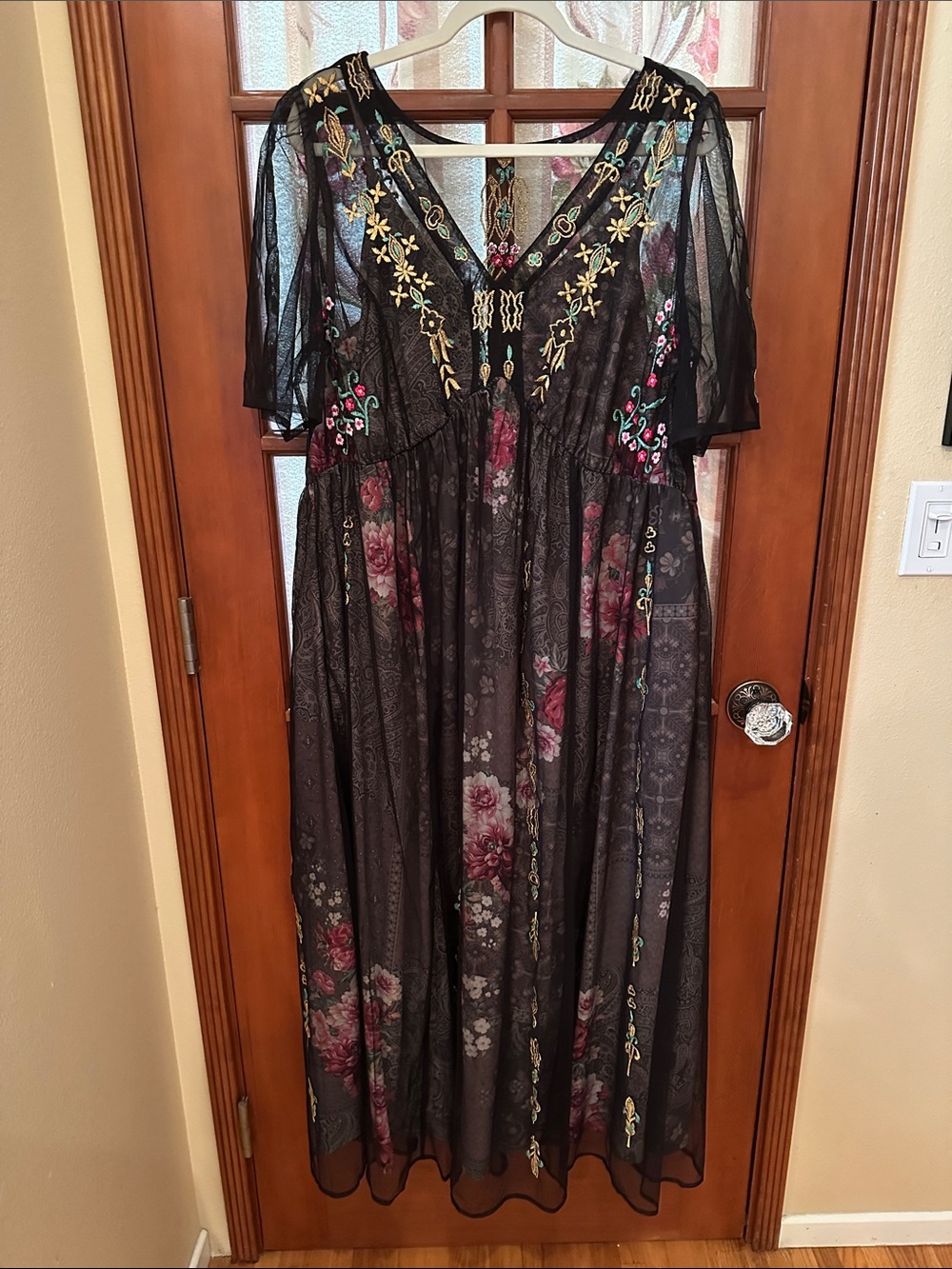 Black Floral Maxi Dress with embroidered net overlay